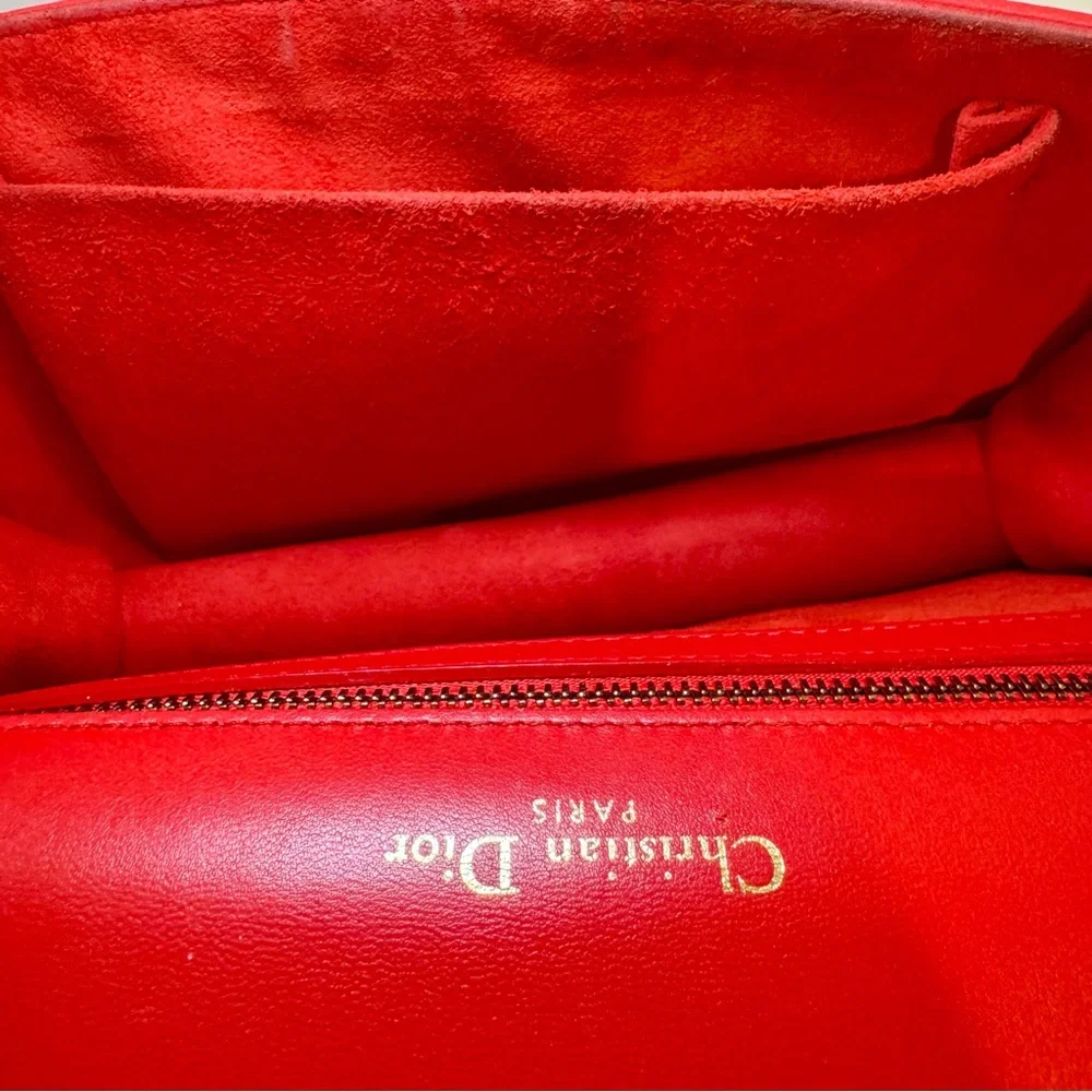 Christian Dior Diorama Red Leather Medium Flap Bag W Gold Studs & Chain Strap